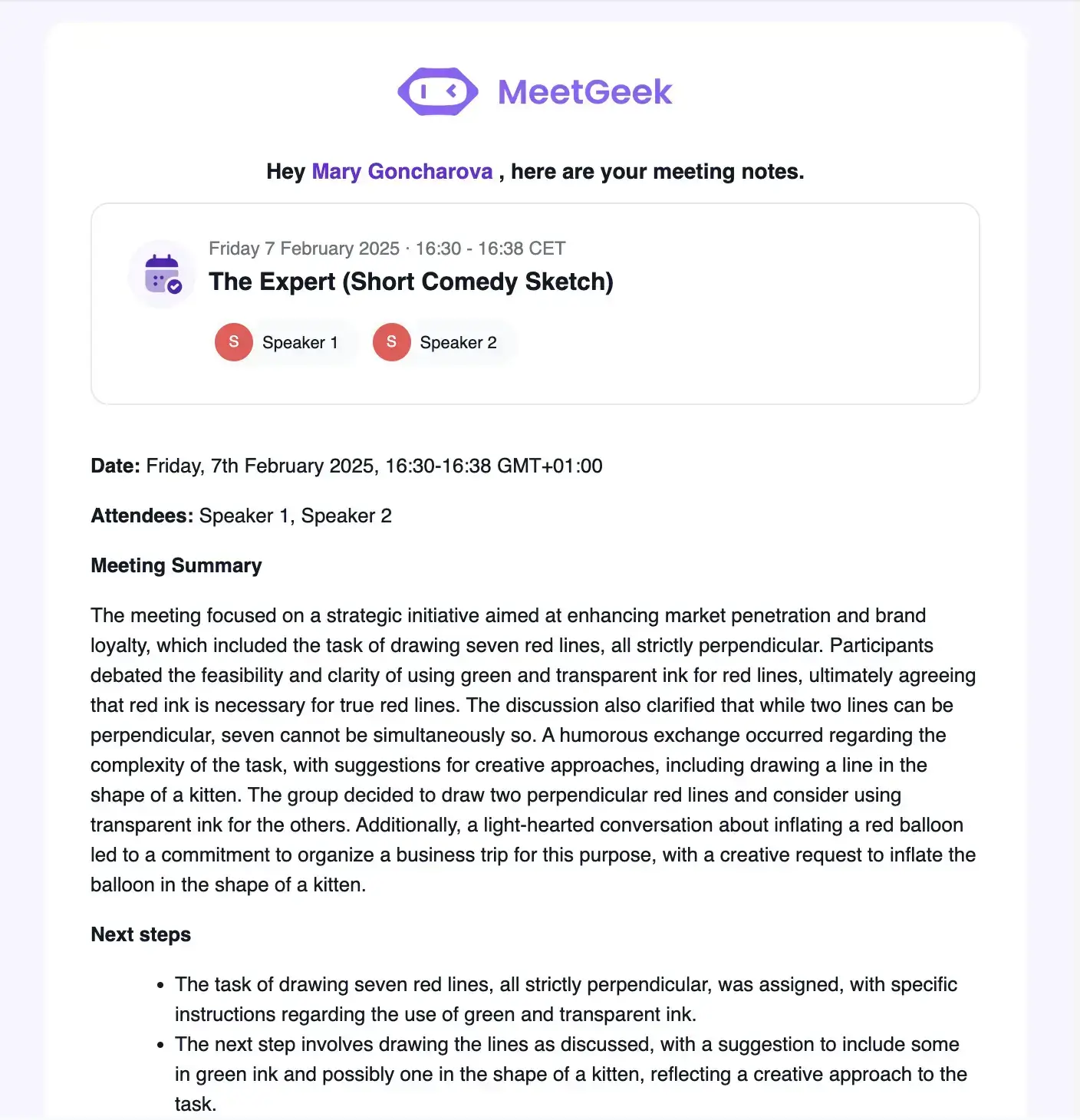 MeetGeek auto-generated meeting follo-up email