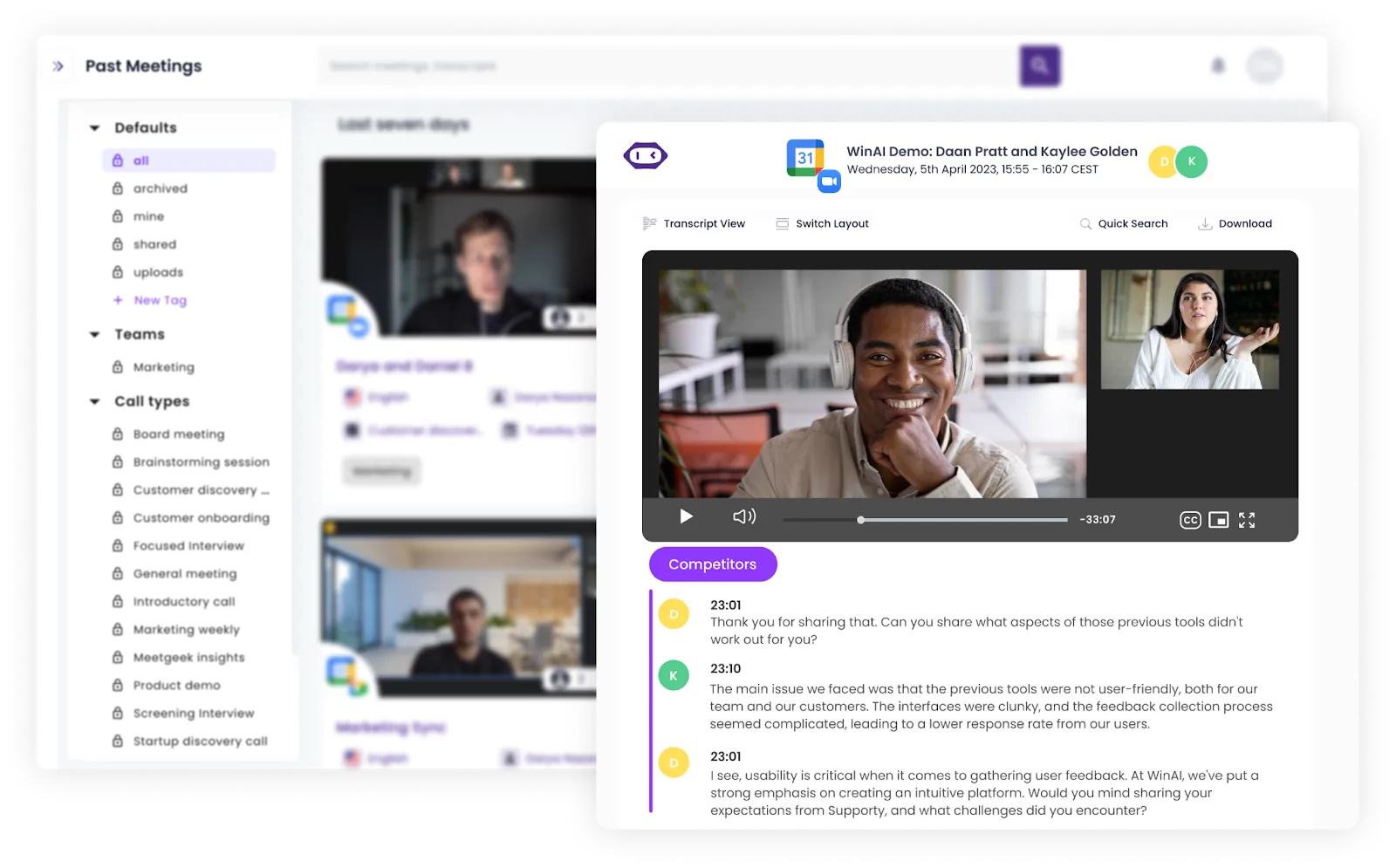 MeetGeek transcription with Past Meetings page in background