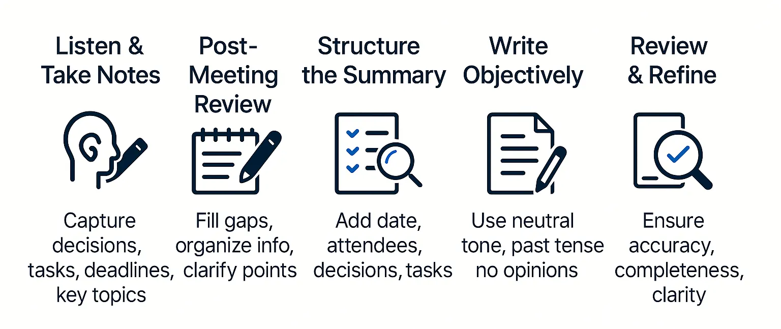 step-by-step objective summary for meetings