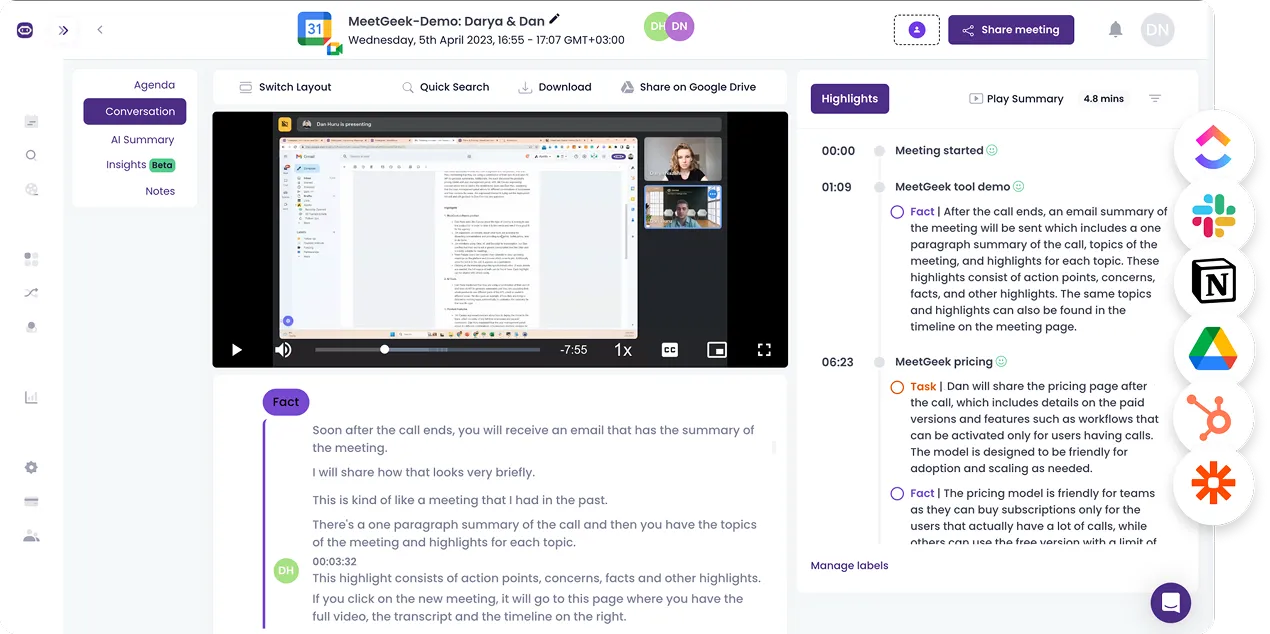 MeetGeek meeting highlights and integrations