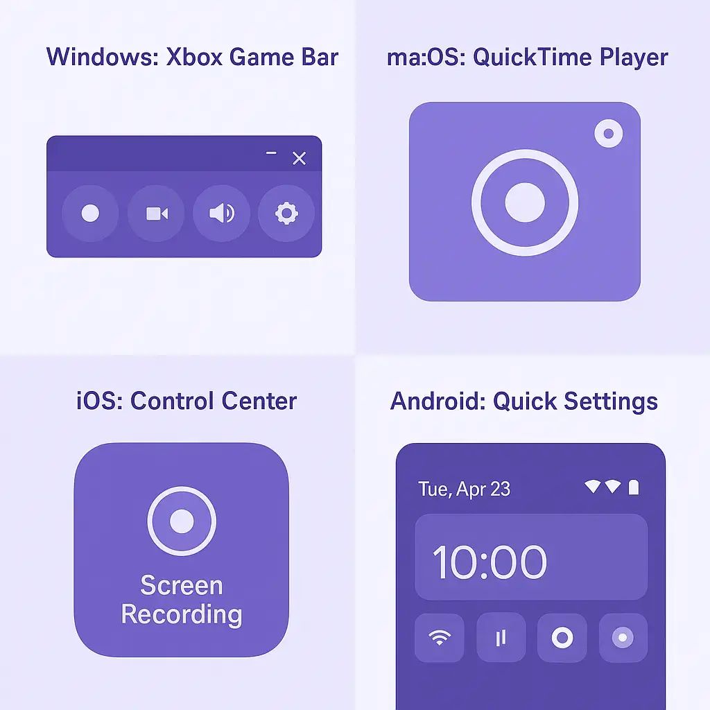 Visual guide showing Discord screen recording on Windows, Mac, iOS, and Android