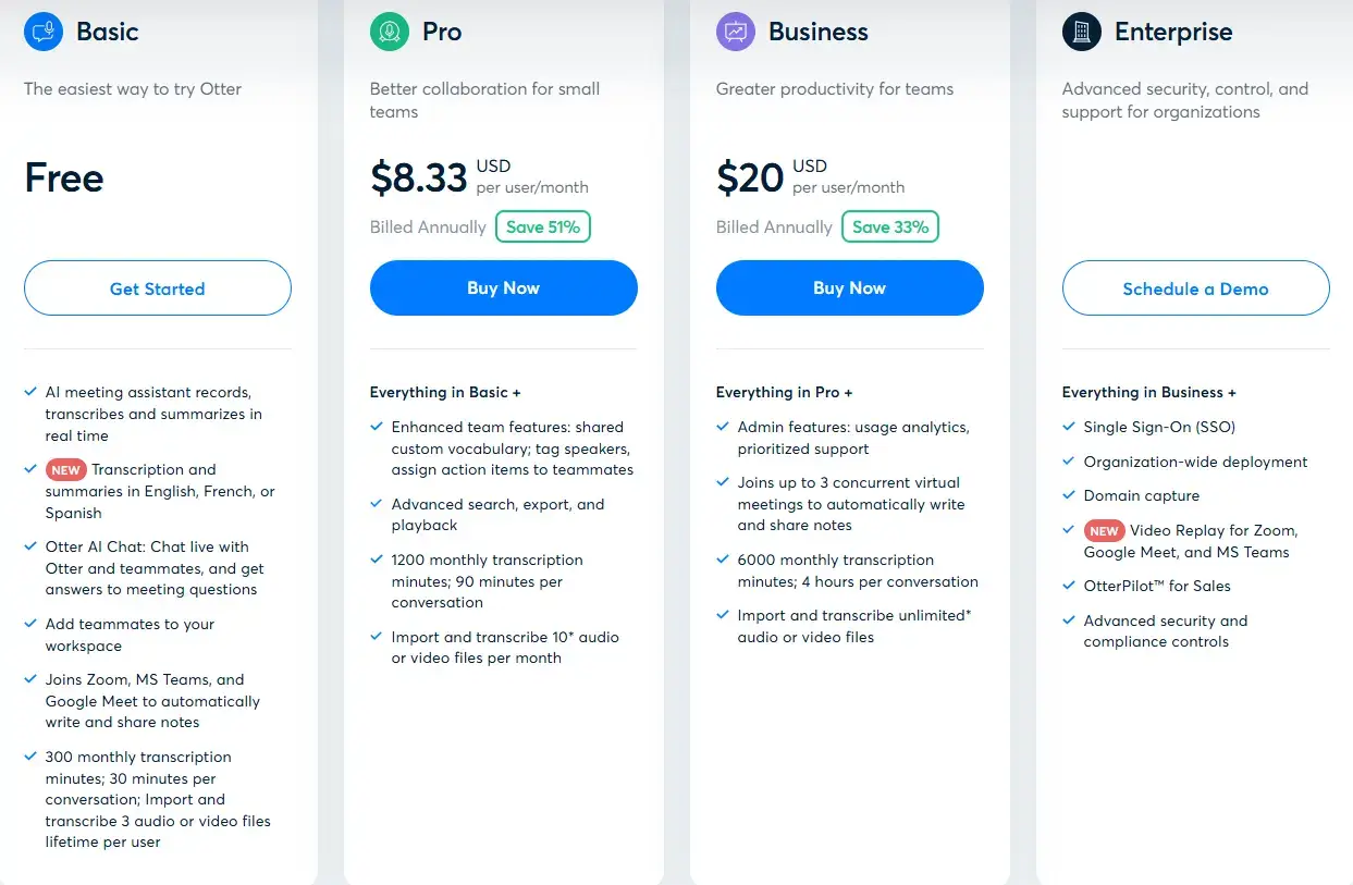 Otter AI pricing plans
